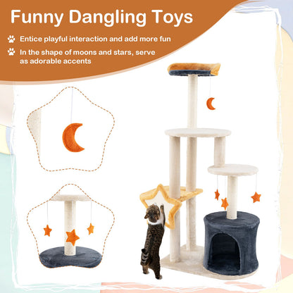 128 Cm Tall Cat Tree with Sisl Scratching Posts and Dangling Toys