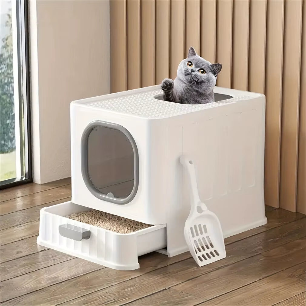 Cat Litter Box with Lid, Fully Enclosed Anti-Splashing Cat Kitty Litter Pan, Large Cat Potty Drawer Type Cat Toilet Easy Clean