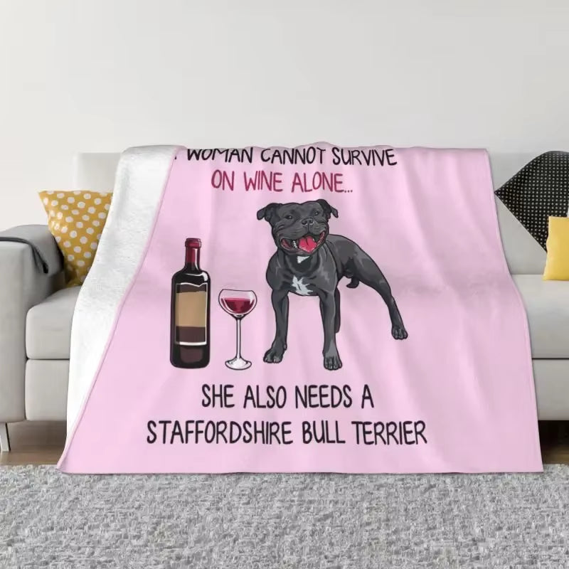 Staffordshire Bull Terrier and Wine Funny Dog Blankets Warm Flannel Pet Puppy Lover Throw Blanket for Bed Couch Bedspread