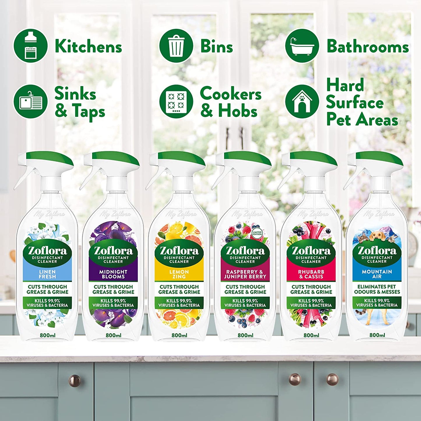 Zoflora - Mountain Air Multipurpose Disinfectant Trigger Spray, 1 X 800Ml, Antibacterial Multi-Surface Cleaner, Pet-Safe, Kills 99.9% of Bacteria & Viruses.