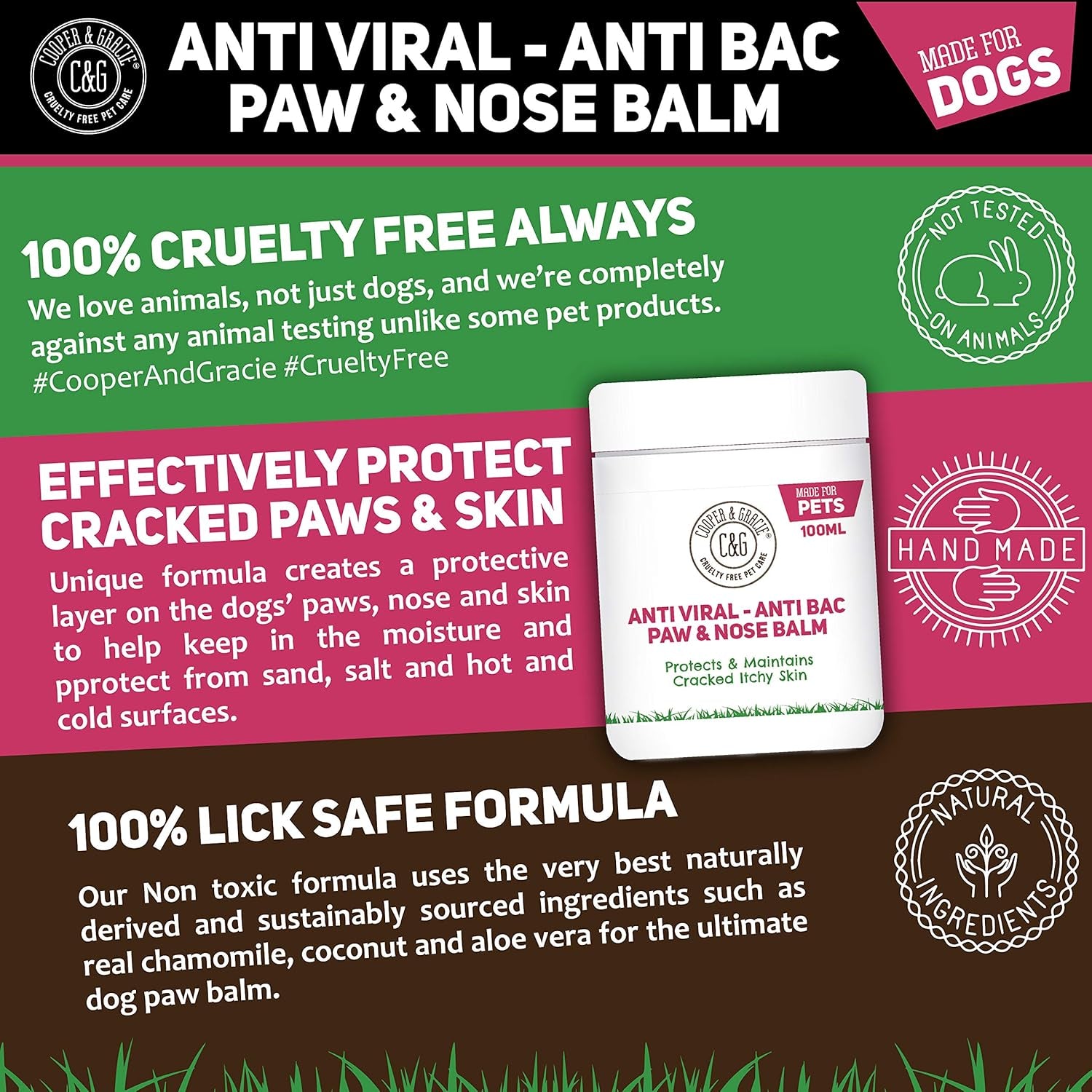 Cooper and Gracie Dog Paw and Nose Balm 100ML - Instantly Soothe Cracked, Itchy Skin and Paws | Antifungal, Cruelty-Free Formula | Best Grooming for Dogs