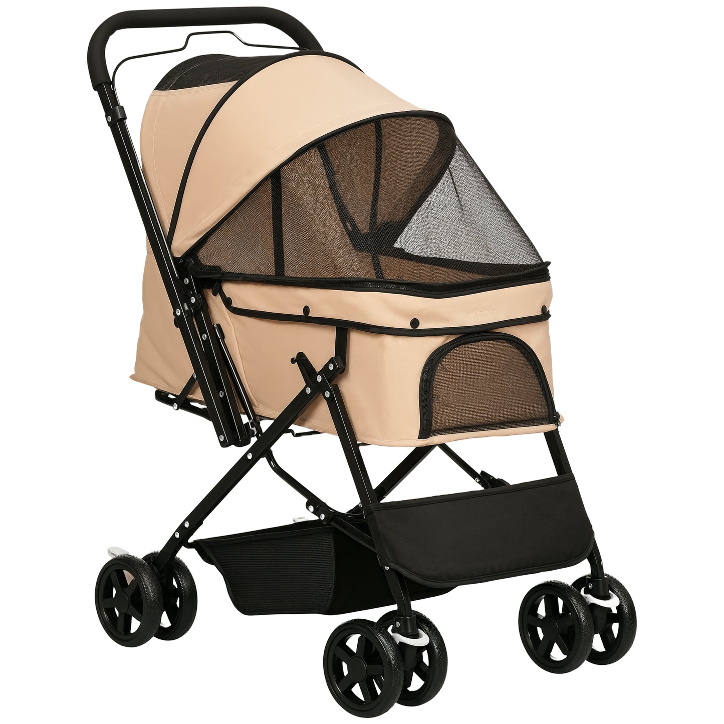Pet Stroller Foldable Travel Dog Cat Carriage W/ Reversible Handle Brake Basket