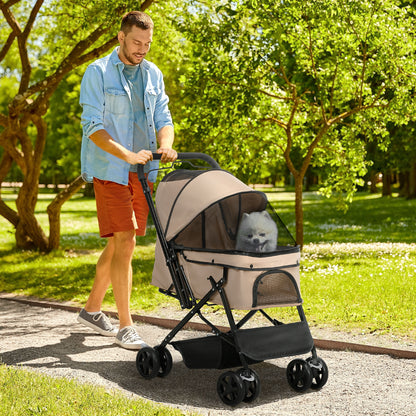 Pet Stroller Foldable Travel Dog Cat Carriage W/ Reversible Handle Brake Basket