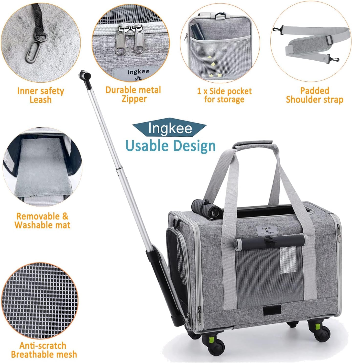 Dog Carrier with Wheels, Airline Approved Outdoor Rolling Pet Carrier with Telescopic Handle and Shoulder Strap for Travel, Grey