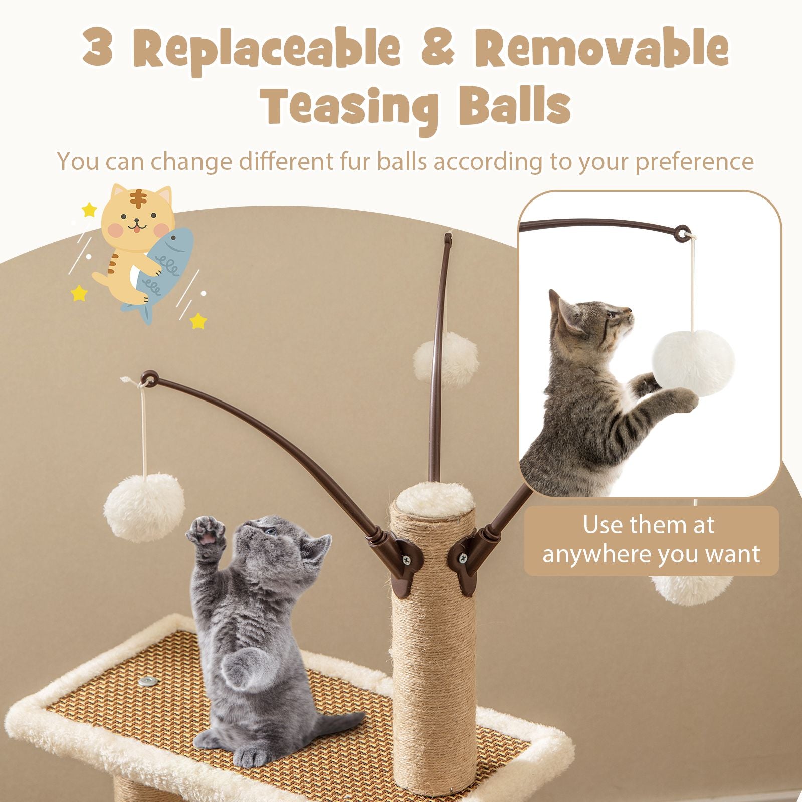 Modern Cat Tower with Rattan Mat and 3 Hanging Ball Toys