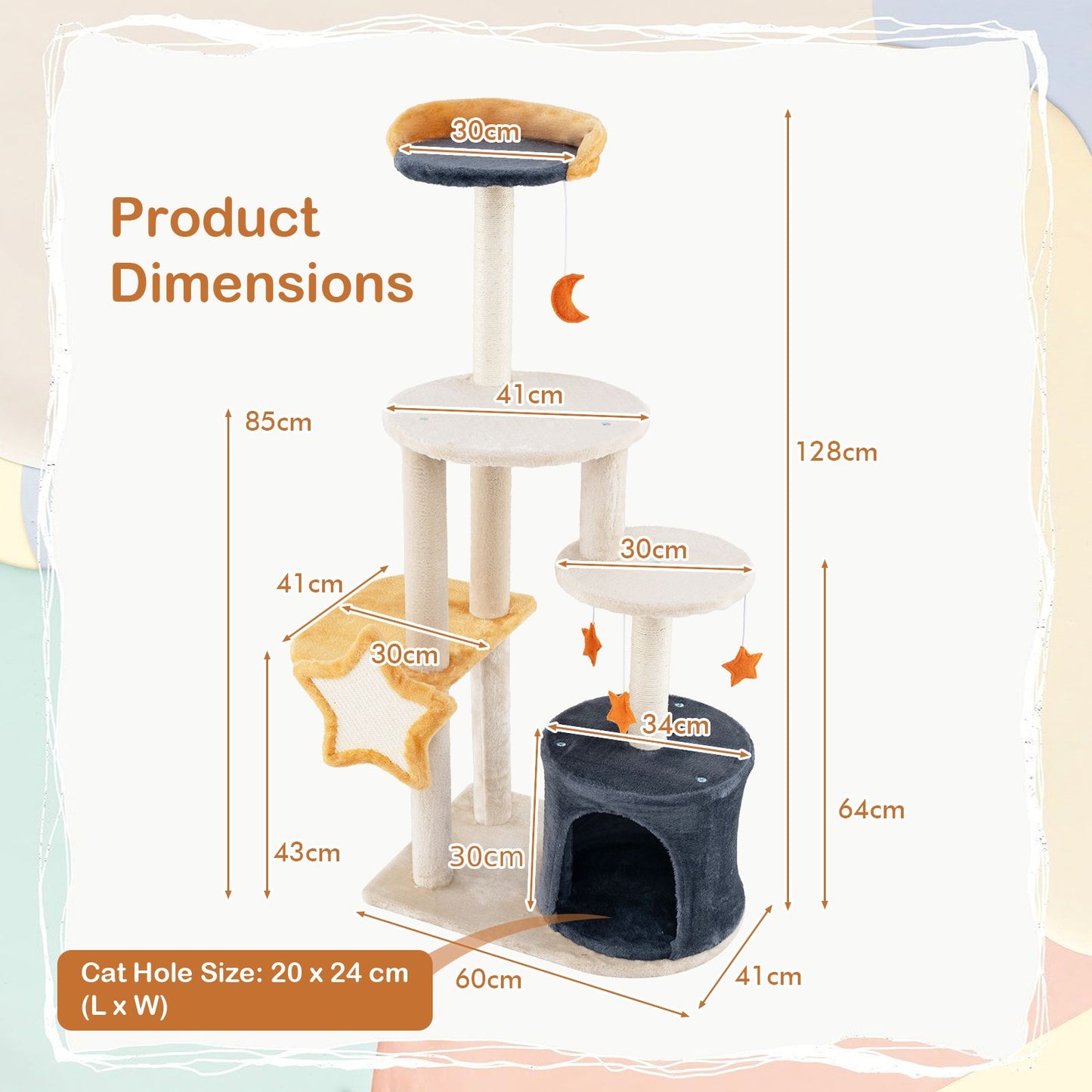 128 Cm Tall Cat Tree with Sisl Scratching Posts and Dangling Toys