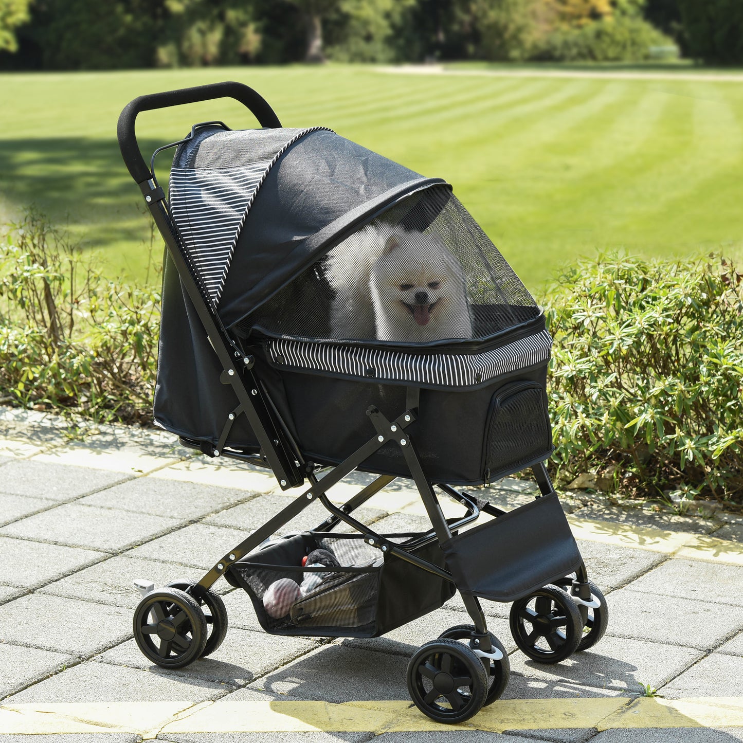 Pet Stroller Foldable Travel Dog Cat Carriage W/ Reversible Handle Brake Basket