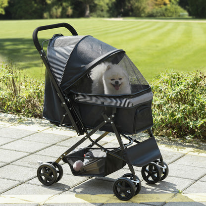 Pet Stroller Foldable Travel Dog Cat Carriage W/ Reversible Handle Brake Basket