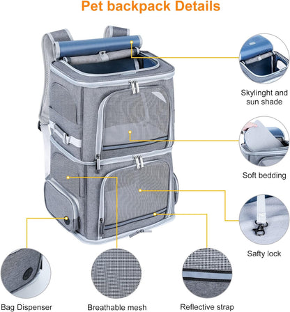 Cat Backpack Carrier for 2 Cats,Dog Backpack Carrier for Medium Dogs,Double Compartment Pet Backpack Carrier for Dual Pets,For Outdoor Traveling/Stroll and Picnic