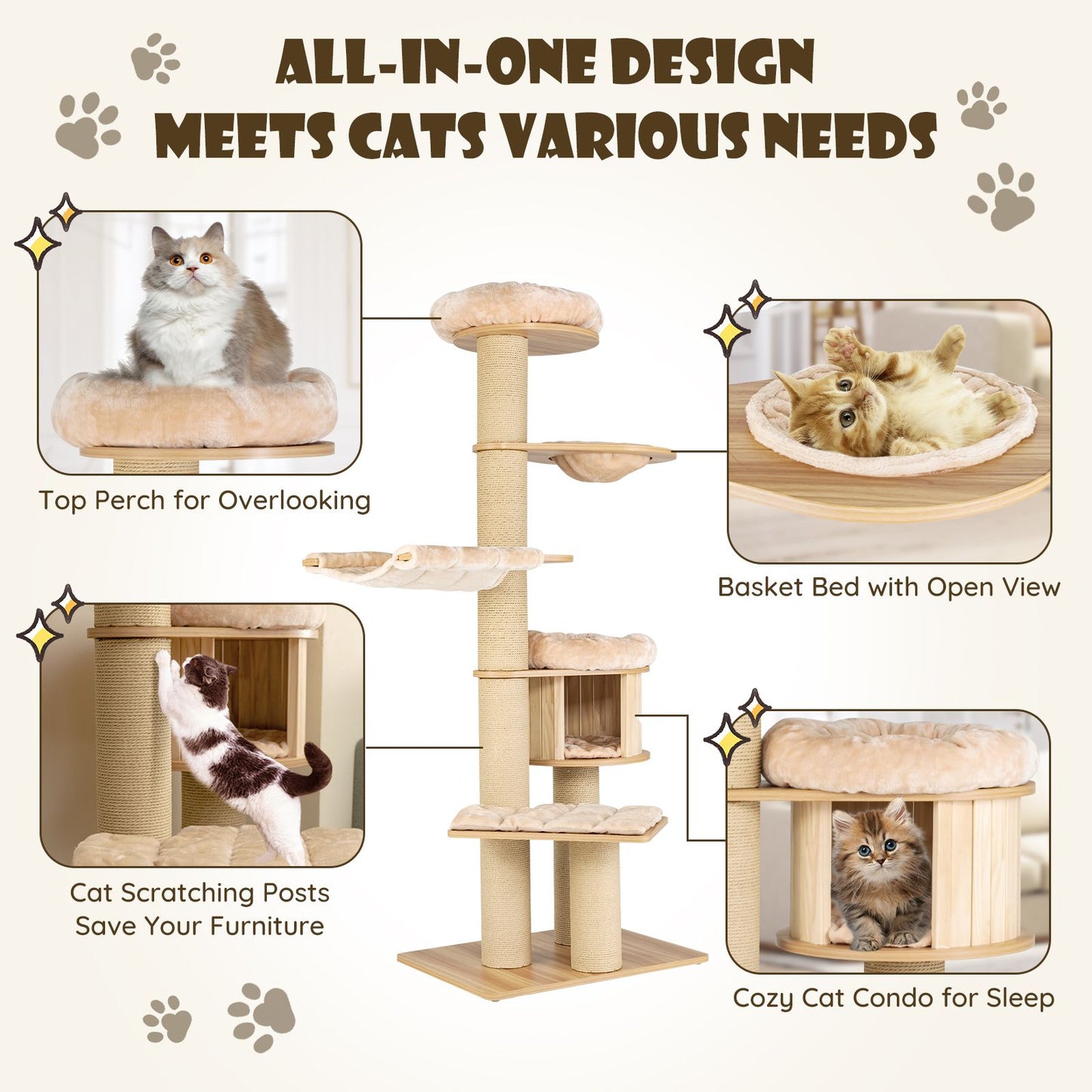 Modern Tall Cat Tree Tower with Wooden Cat Condo