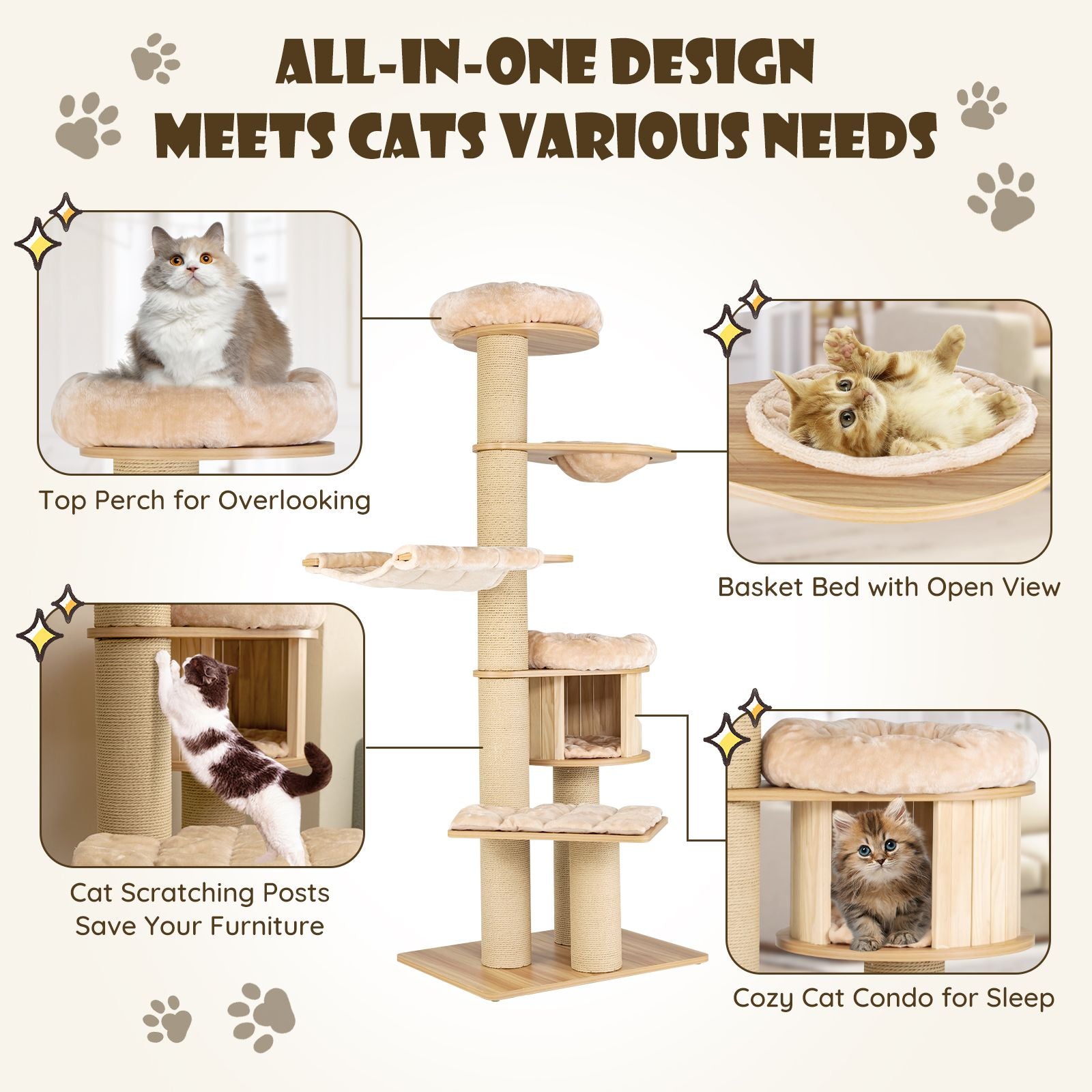 Modern Tall Cat Tree Tower with Wooden Cat Condo