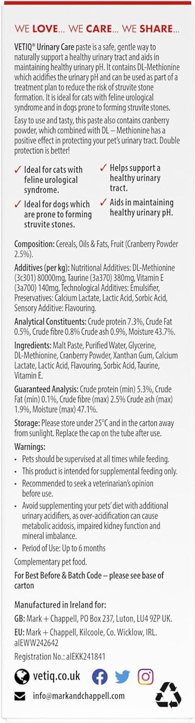 VETIQ Urinary Care Paste 100G Dog and Cat Urinary Supplement