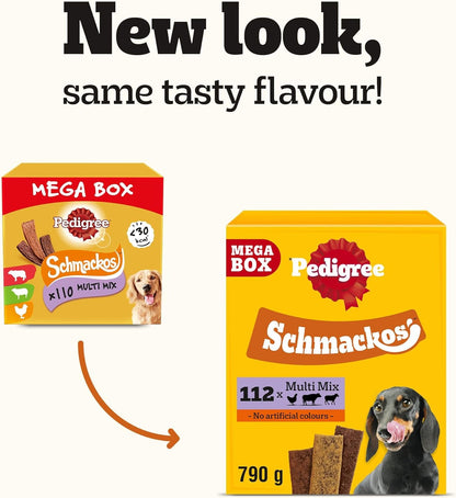 Schmackos Mega Pack 110/112 Strips Snacks, Dog Treat Multipack with Beef, Lamb and Poultry Flavours