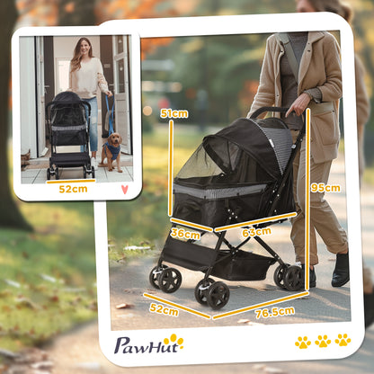 Pet Stroller Foldable Travel Dog Cat Carriage W/ Reversible Handle Brake Basket