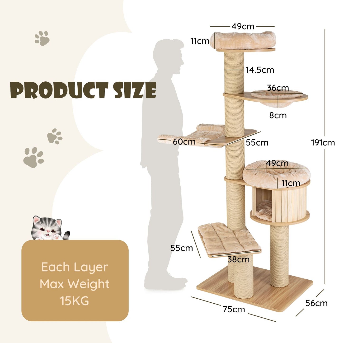 Modern Tall Cat Tree Tower with Wooden Cat Condo