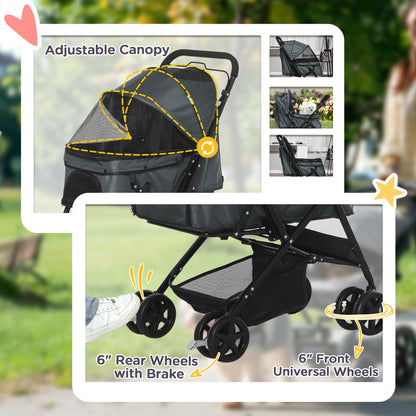 Pet Stroller Foldable Travel Dog Cat Carriage W/ Reversible Handle Brake Basket