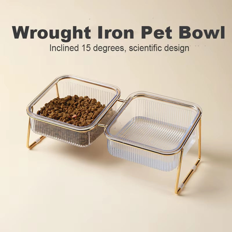 Pet Double Bowl Transparent High Foot Cat Bowl Drink Water Cat Food with Golden Stand Raised Water Feeder Dog Bowl Supplies