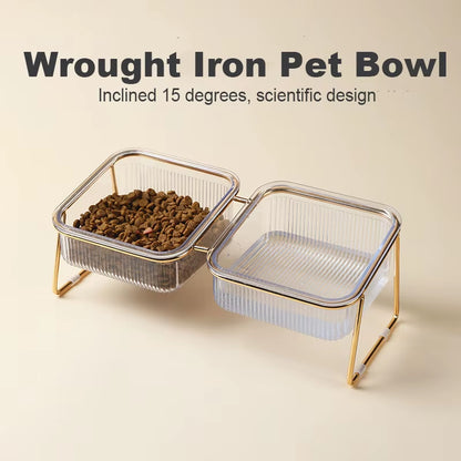 Pet Double Bowl Transparent High Foot Cat Bowl Drink Water Cat Food with Golden Stand Raised Water Feeder Dog Bowl Supplies