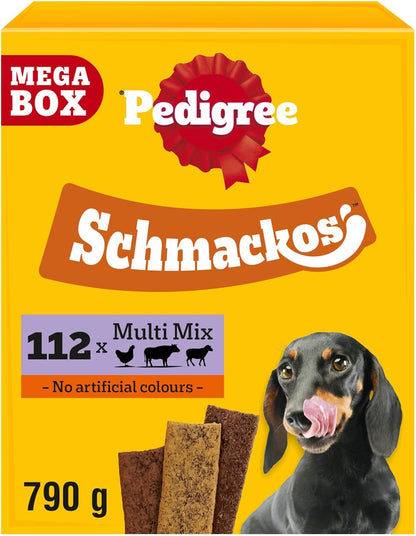 Schmackos Mega Pack 110/112 Strips Snacks, Dog Treat Multipack with Beef, Lamb and Poultry Flavours