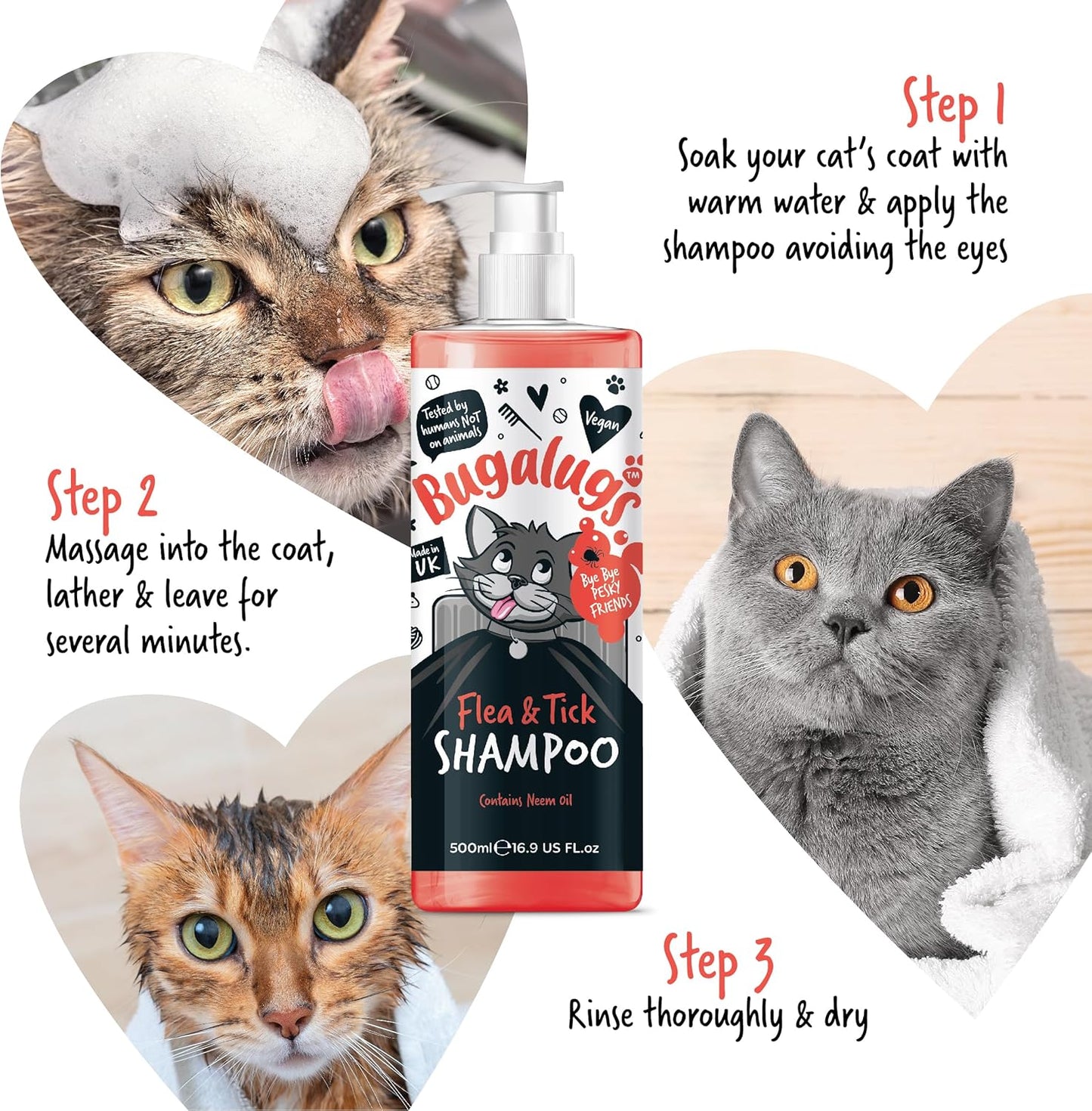 Flea and Tick Cat Shampoo by  500Ml, Deep Cleansing for Cats for Fleas, Ticks & Mites Contains Neem Oil, PH Balanced Vegan (500Ml Flea Shampoo)