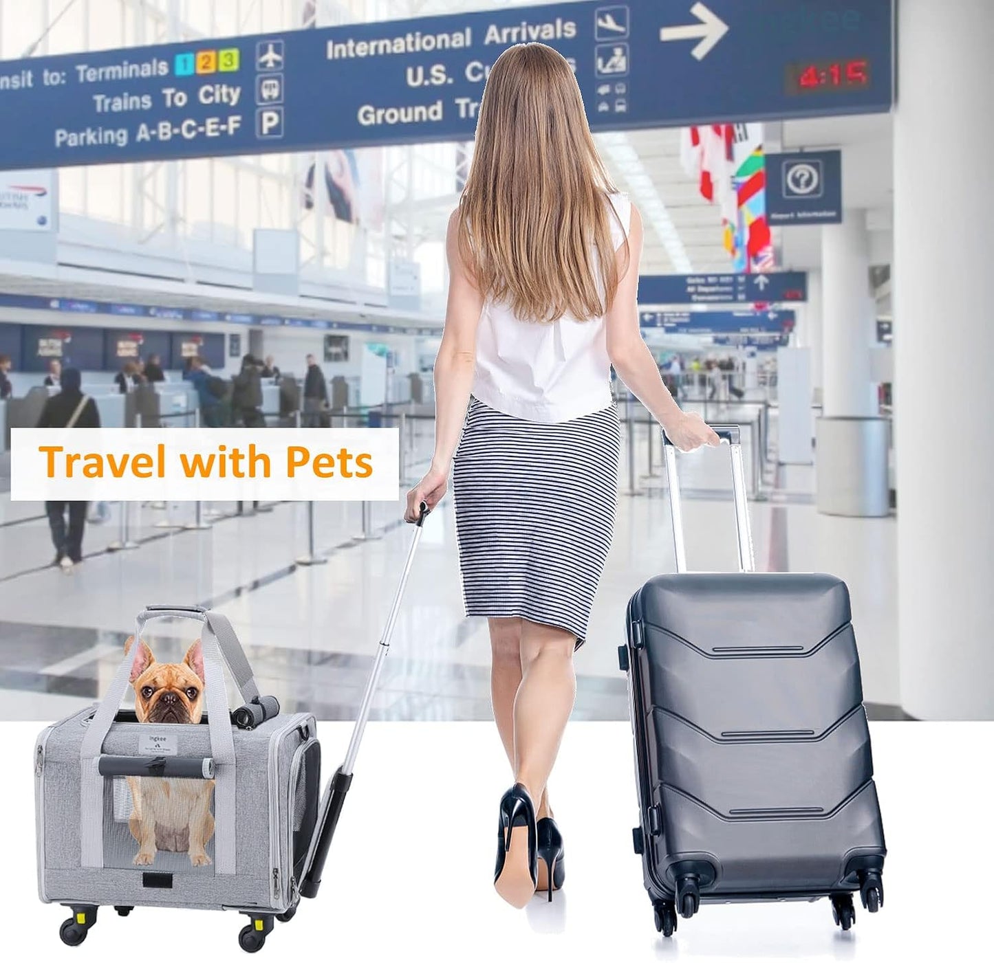 Dog Carrier with Wheels, Airline Approved Outdoor Rolling Pet Carrier with Telescopic Handle and Shoulder Strap for Travel, Grey