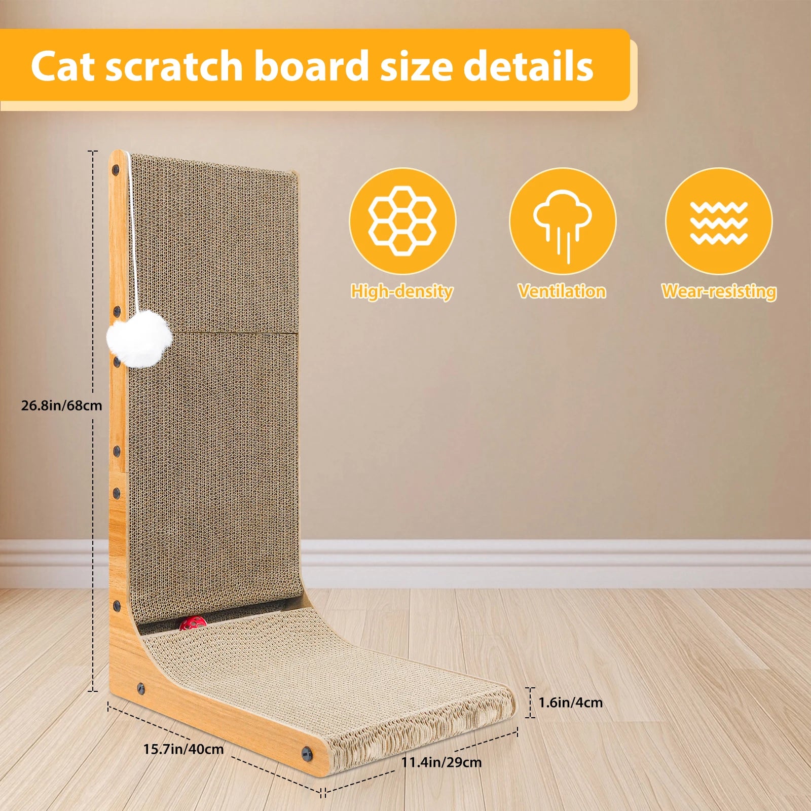 L Shape Cat Scratcher 68 Cm Cat Scratch Pad Cat, Cat Scratching Cardboard Wall Scratcher with Ball Toy for Indoor Cats