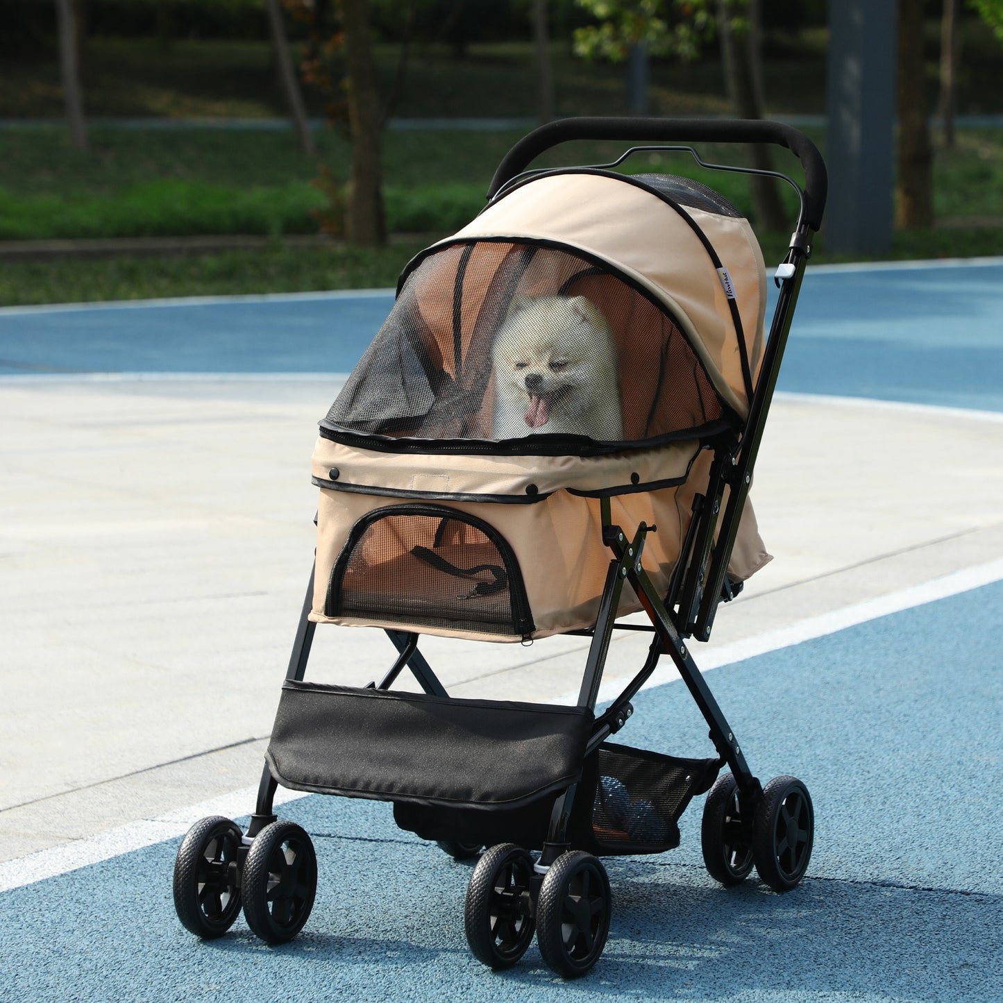 Pet Stroller Foldable Travel Dog Cat Carriage W/ Reversible Handle Brake Basket