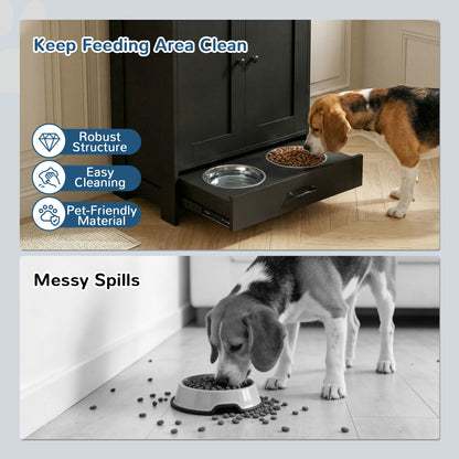 Dog Feeding Station with Storage, Pet Feeding Station with Dog Bowls, Black