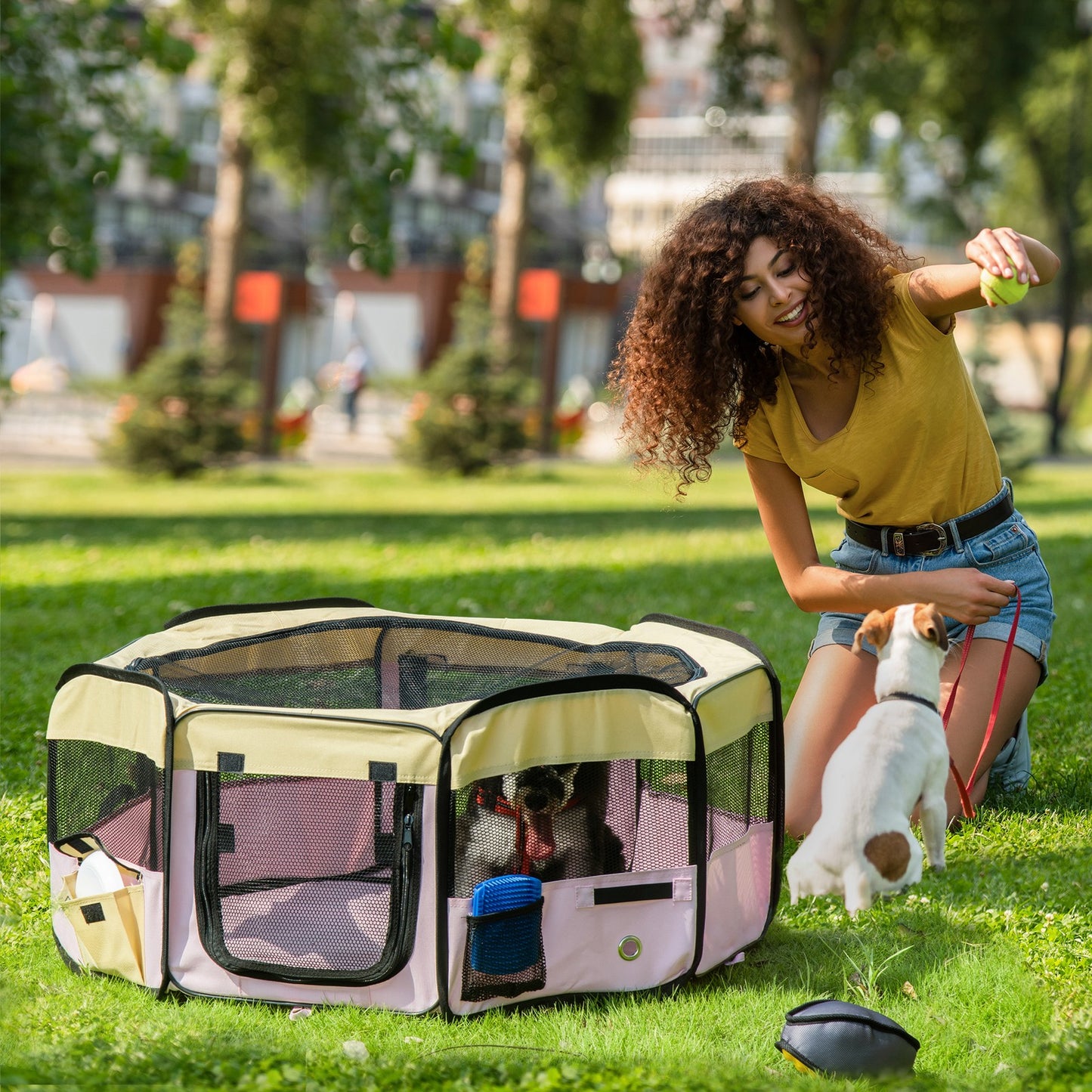 Pawhut Fabric Pet Dog Cat Puppy Playpen Rabbit Guinea Pig Play Pen in Pink Small