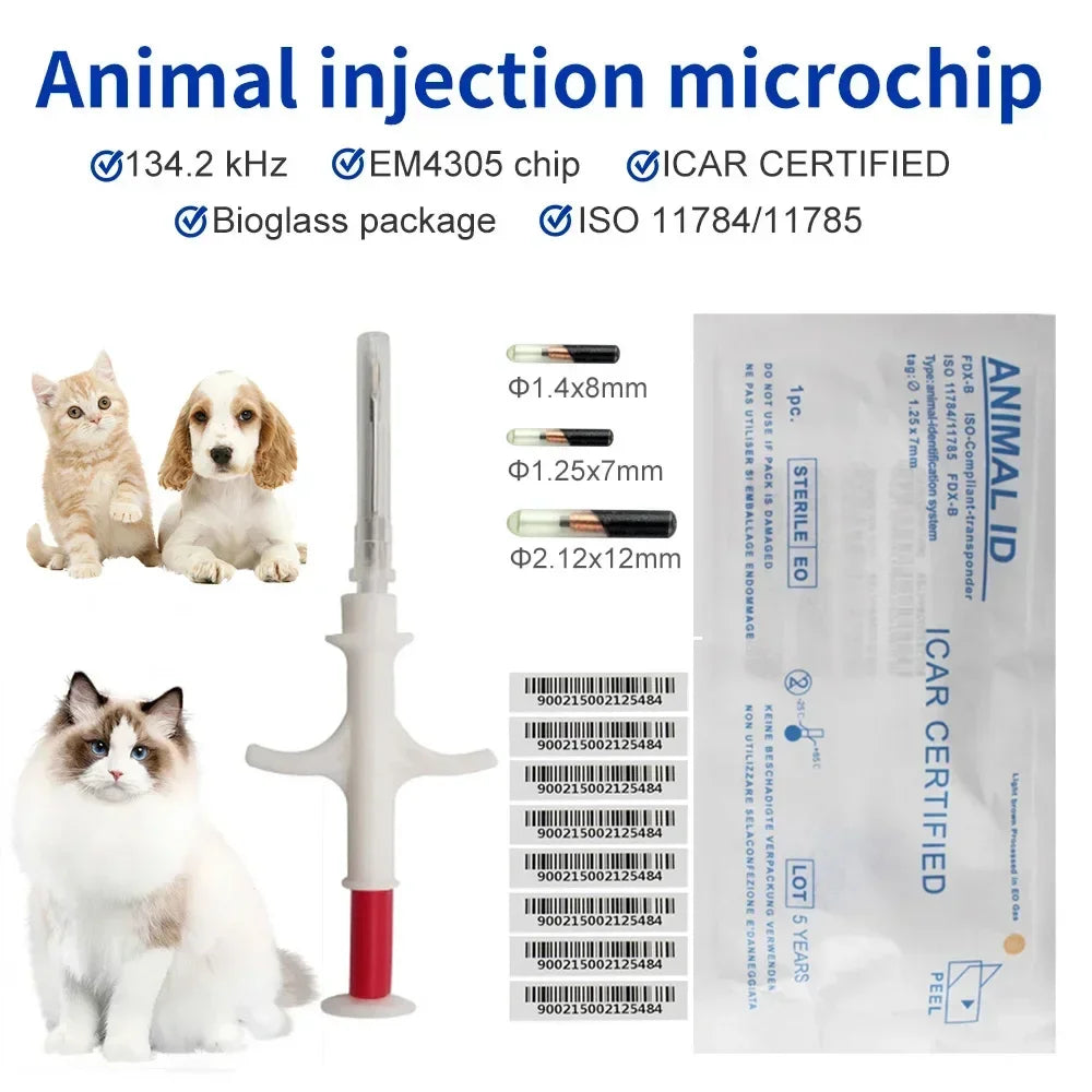 10/20Pcs Pet Microchip 134.2Khz Animal Syringe EM4305 ID Chip | ISO11784/11785 FDX-B Injection for Dog Cat