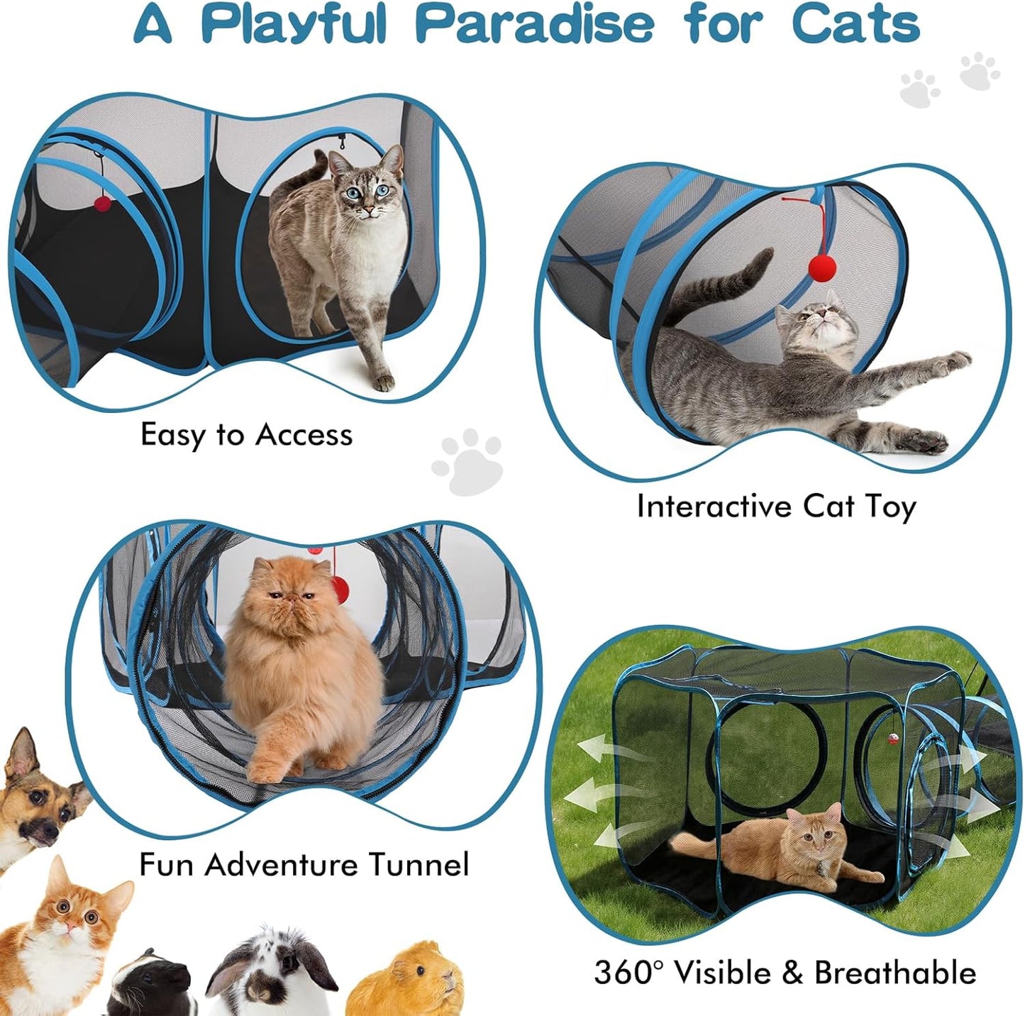 Outdoor Cat Enclosure, 3-In-1 Catio Outdoor Cat Enclosure with Tunnel for outside and Indoor, Kitty Tent Portable Catio Pet Playpen with Storage Bag for Kitty and Small Animals