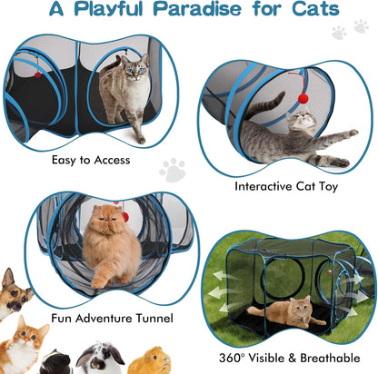 Outdoor Cat Enclosure, 3-In-1 Catio Outdoor Cat Enclosure with Tunnel for outside and Indoor, Kitty Tent Portable Catio Pet Playpen with Storage Bag for Kitty and Small Animals