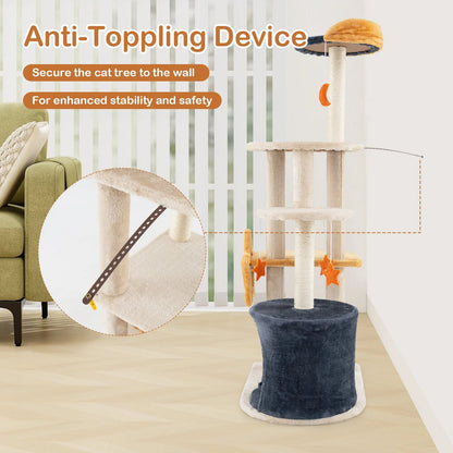 128 Cm Tall Cat Tree with Sisl Scratching Posts and Dangling Toys